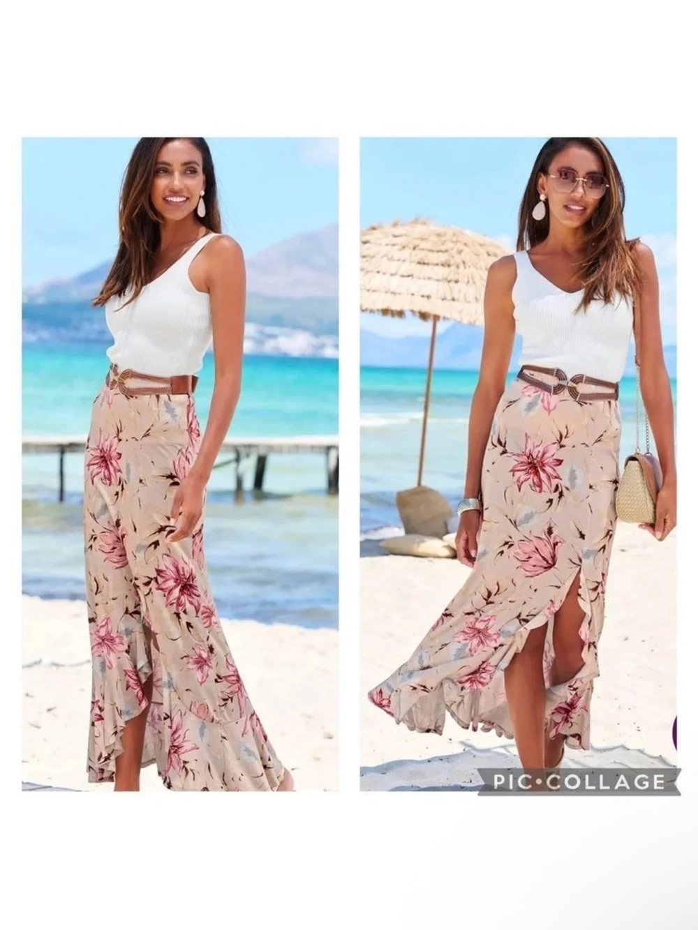 Lascana Pale Pink Floral Ruffled Split Front Vacation Feminine Party Maxi Skirt